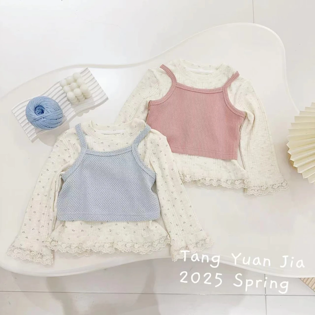 汤圆家童装2025春季新款韩系甜美碎花蕾丝拼接马甲两件套 YA-1185