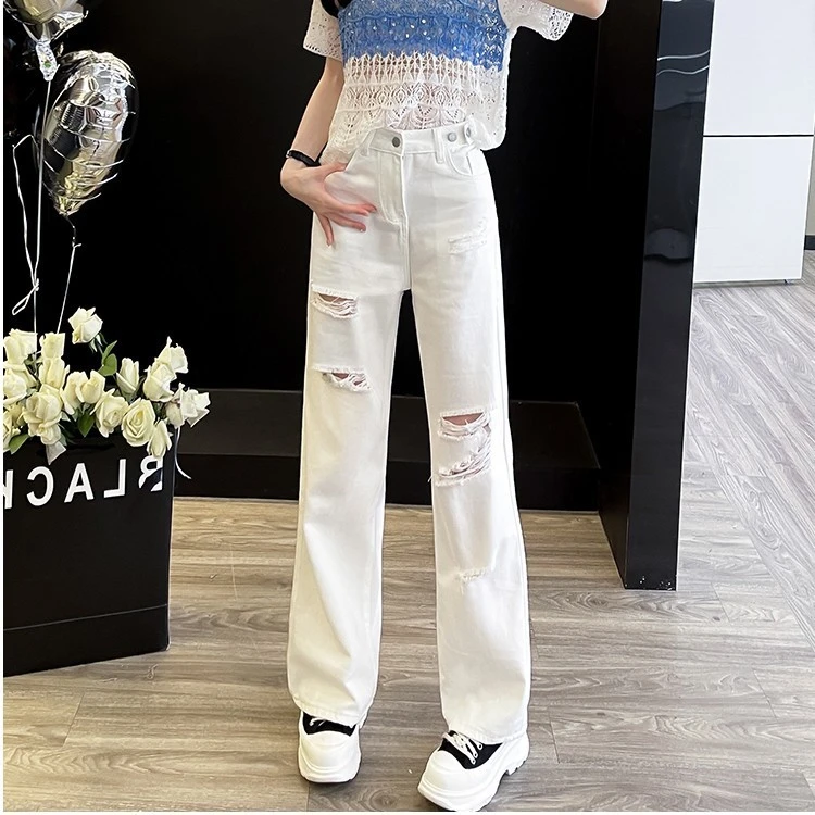 白色破洞牛仔裤女2025新款女士休闲夏季阔腿裤直筒裤窄版裤子长裤