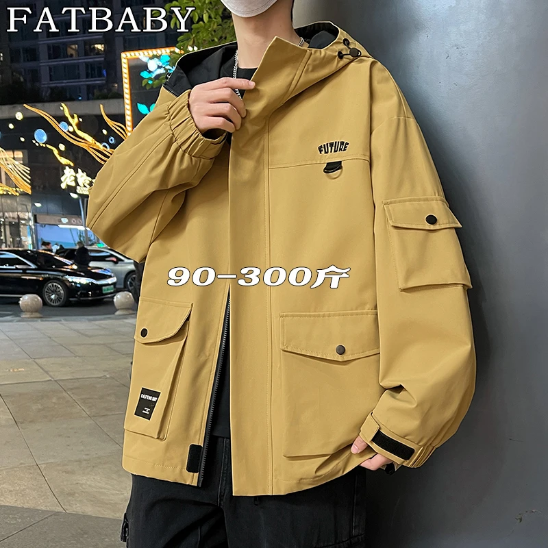 春季大码工装夹克外套加肥帅气百搭潮流防泼水宽松连帽上衣外套男