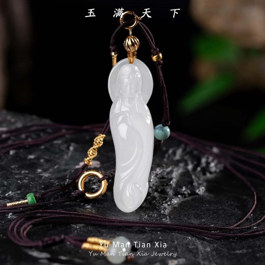 玉满天下天然和田玉白玉站立观音吊坠
