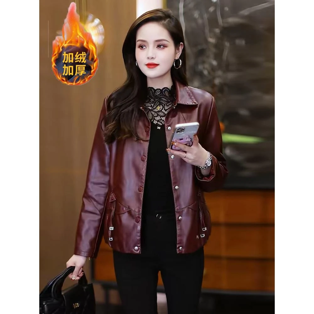 加绒加厚皮衣外套女2025冬季新款时尚宽松显瘦休闲皮夹克衫上衣