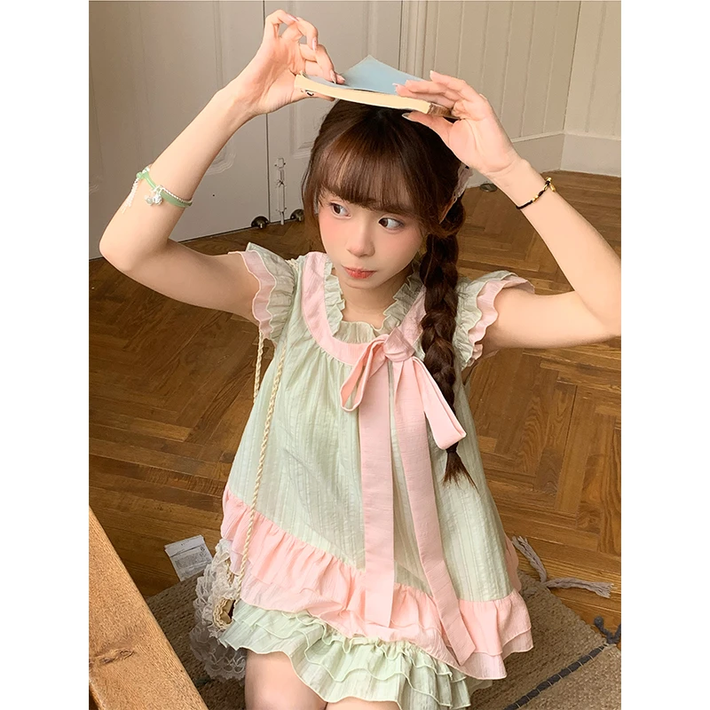 sinsingirl 抹茶樱芙 绿色撞粉色套装 甜美蓬蓬蛋糕木耳花边
