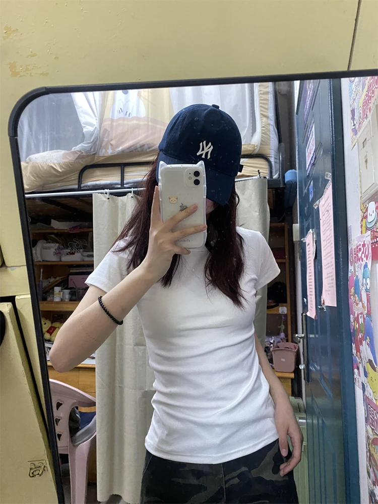 白色薄款正肩夏季短袖t恤女修身显瘦小个子2025新款百搭紧身上衣