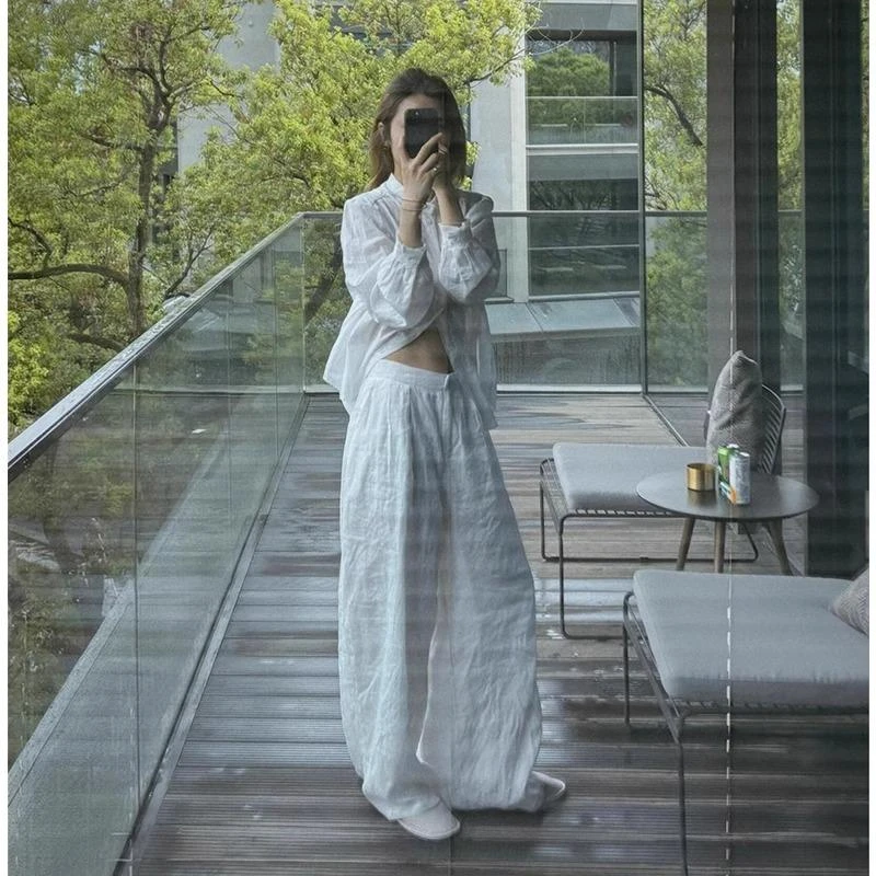 慵懒风极简亚麻衬衫套装女2025秋时尚通勤显瘦高级感阔腿裤两件套