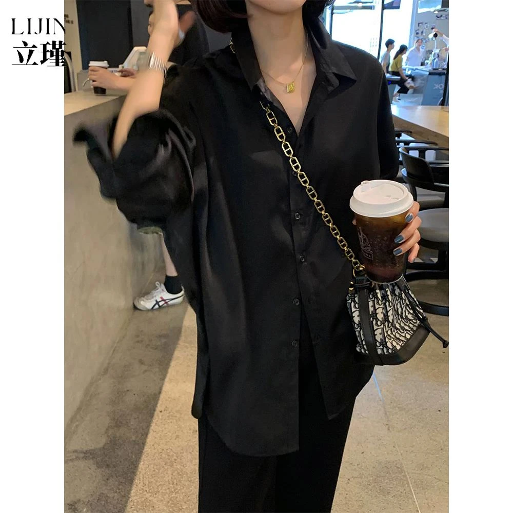 港风白色醋酸衬衫女2025早秋新款宽松长袖上衣防晒衣休闲衬衣外套