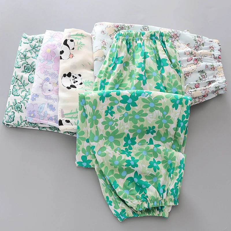 薄款女童夏款防蚊裤儿童碎花人造棉休闲裤小女孩口袋绵绸长裤子新