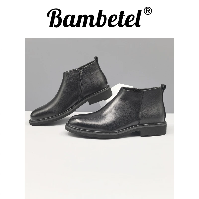 Bambetel秋季新款头层牛皮马丁靴男款黑色加绒休闲百搭皮靴鞋子男