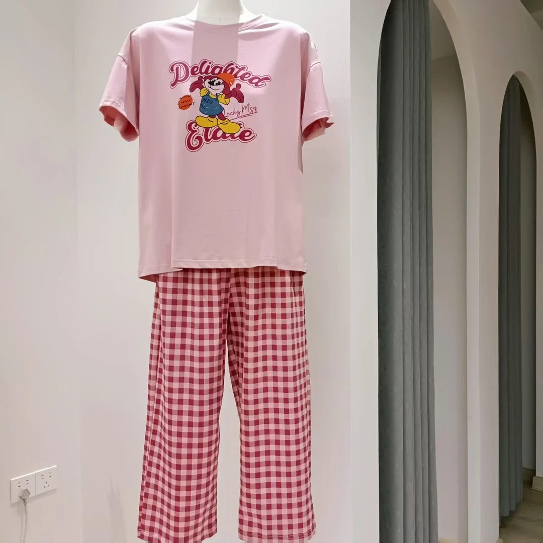芬亿爽棉睡衣女卡通家居服套装舒适夏季睡衣短袖八分裤套装可外穿