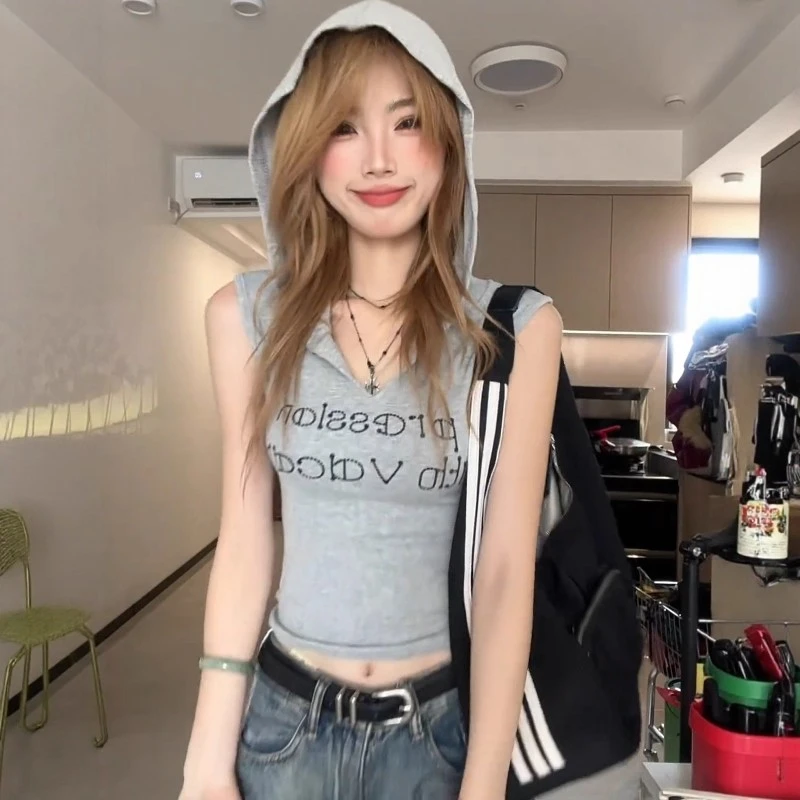夏日纯欲辣妹连帽无袖字母印花背心女2025新款美式千禧风显瘦上衣