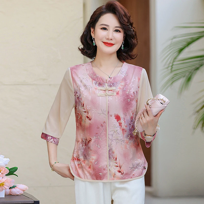 春夏妈妈装新中式国风T恤上衣时尚圆领妈妈套装50-60岁高档套装