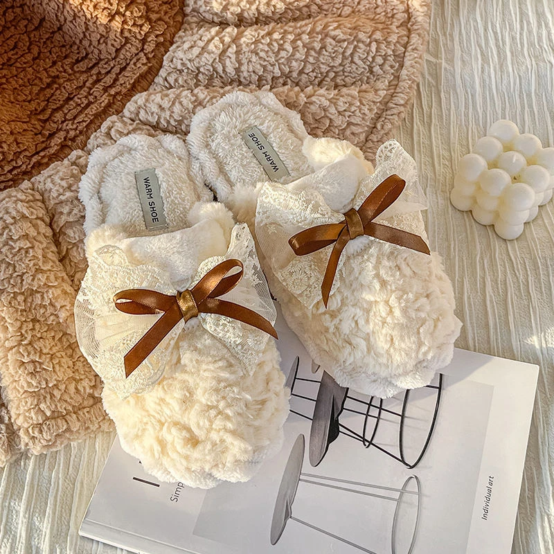冬季棉拖鞋女款学生版蝴蝶结厚底防滑保暖居家休闲百搭家庭拖鞋女
