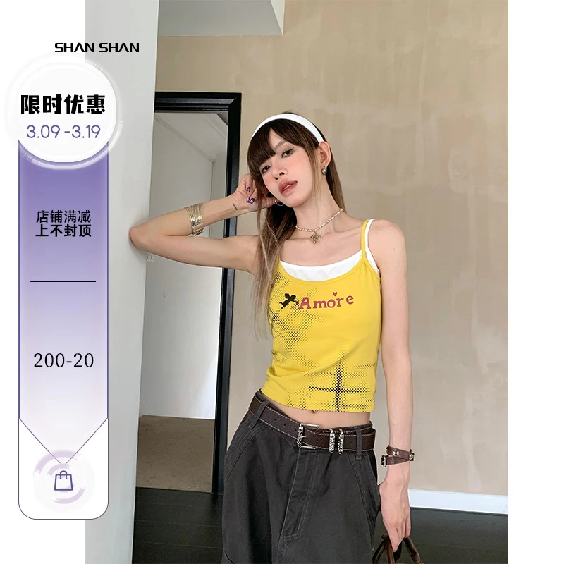 一只闪闪假两件吊带背心女带胸垫2025新款夏季设计感小众外穿上衣