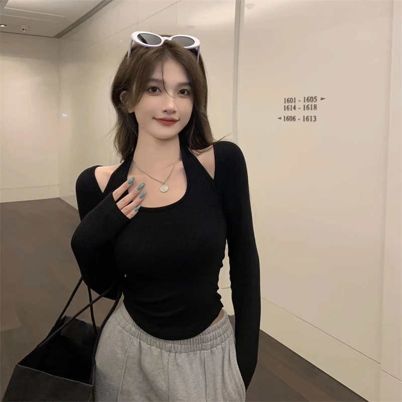 【黑色挂脖】初秋简约百搭韩版挂脖针织洋气气质长袖上衣