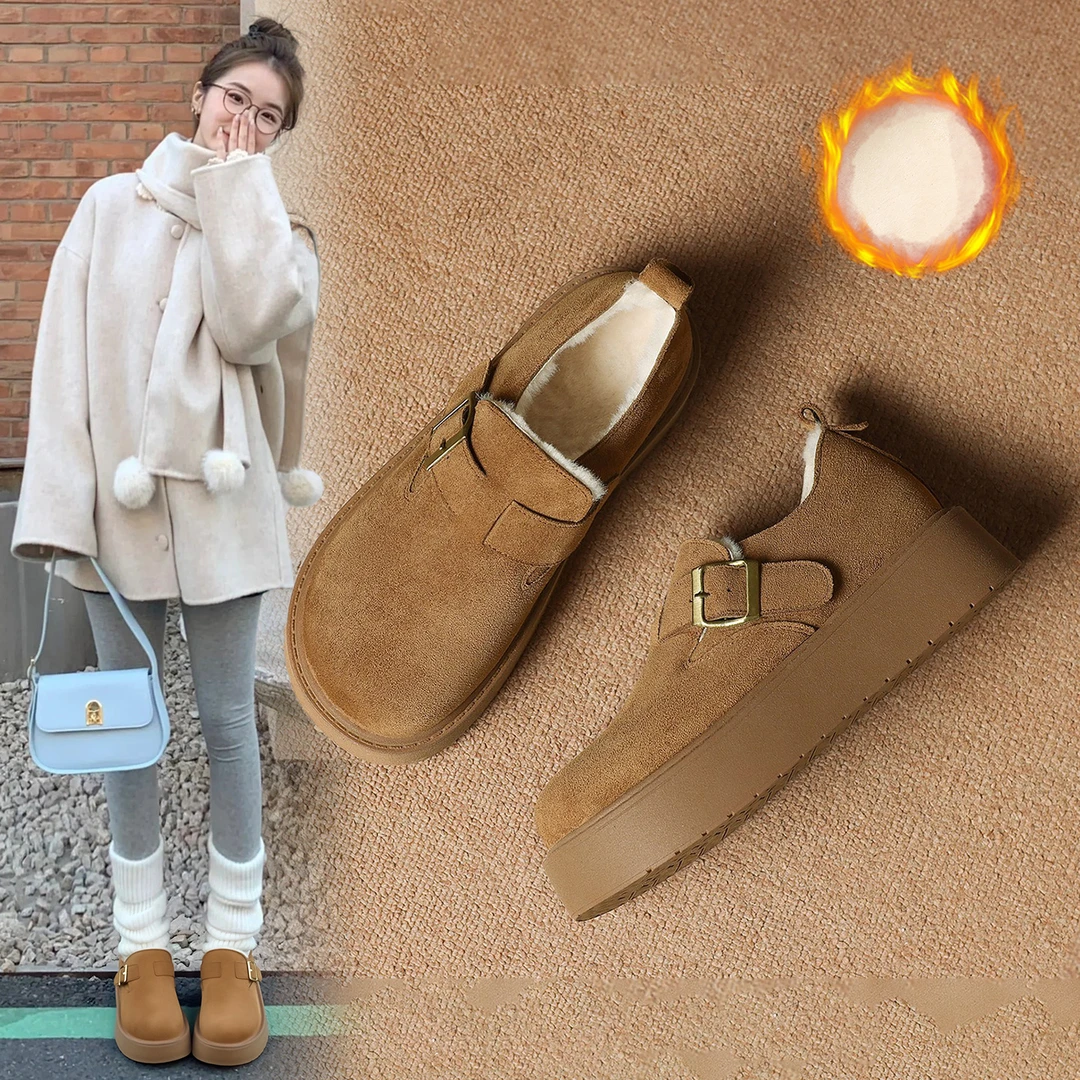 ZHR加绒勃肯鞋女2025秋冬季新款厚底小个子复古乐福鞋保暖雪地靴