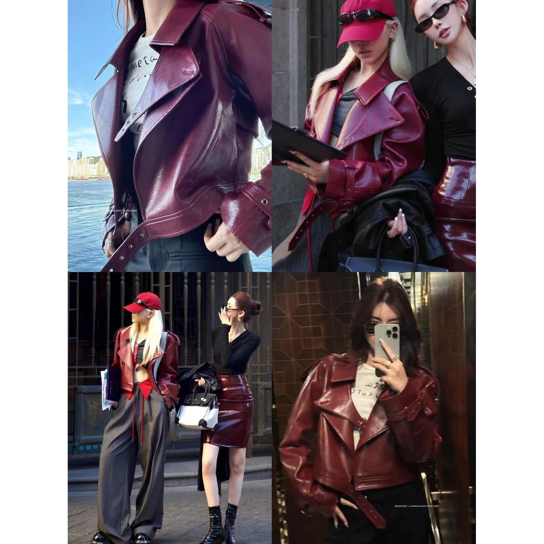 LI婉君【安可拉红皮衣】秋款洋气时髦机车夹克女外套LWJ24C3C1506