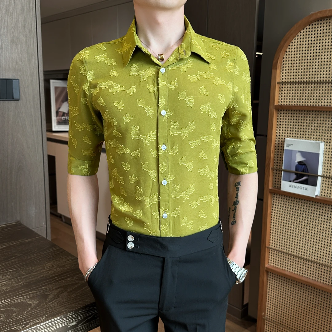 高级感男士短袖花衬衫2025夏季新款潮流修身痞帅休闲提花衬衣男款