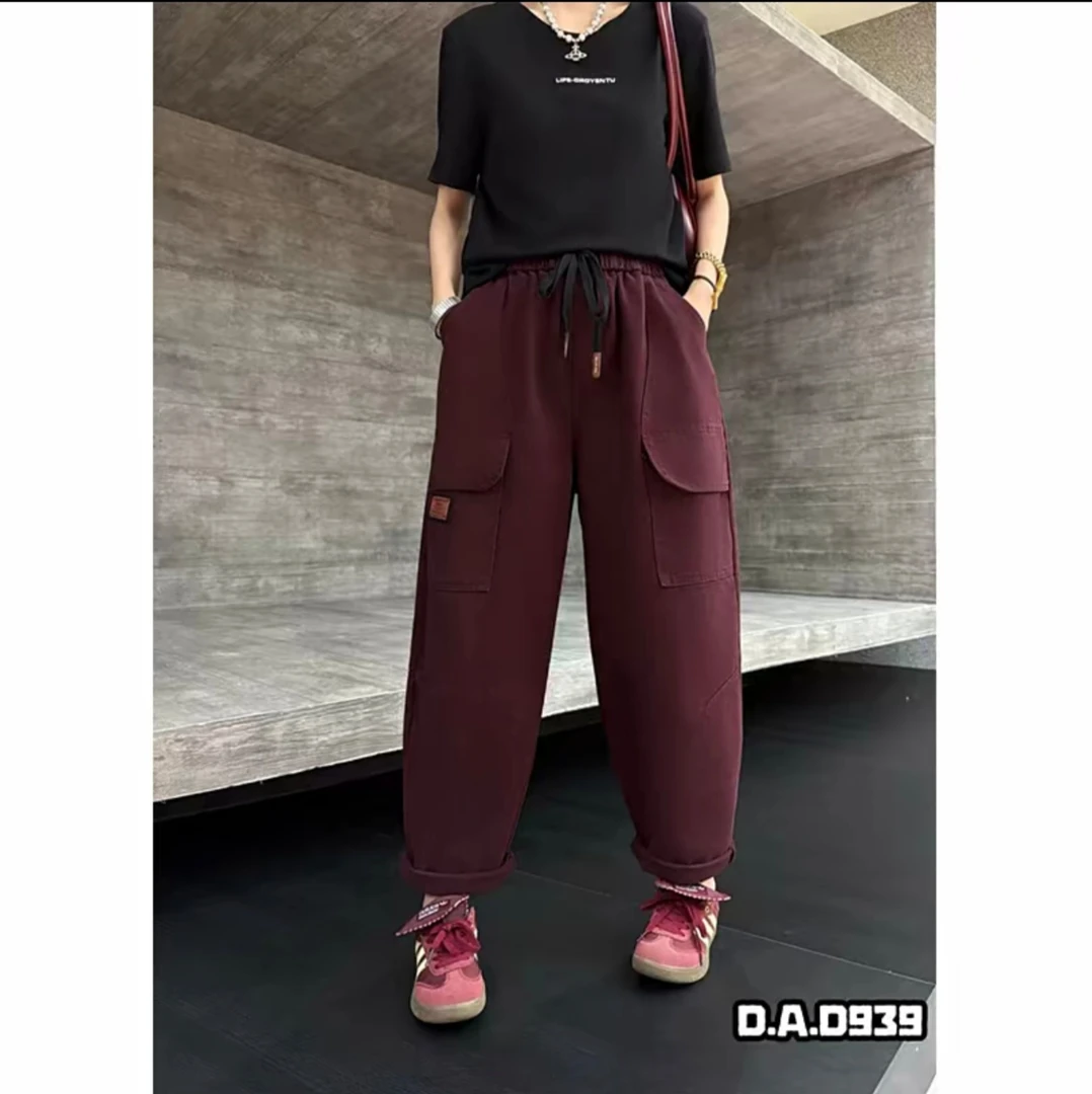 939/大码春秋抽绳松紧腰水洗牛仔老爹裤