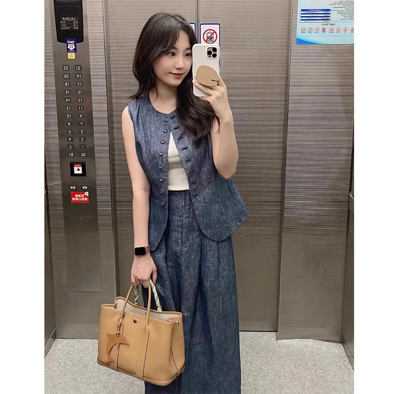 夏季高级松弛感时尚减龄无袖马甲半身裙两件套老钱亚麻牛仔套装女