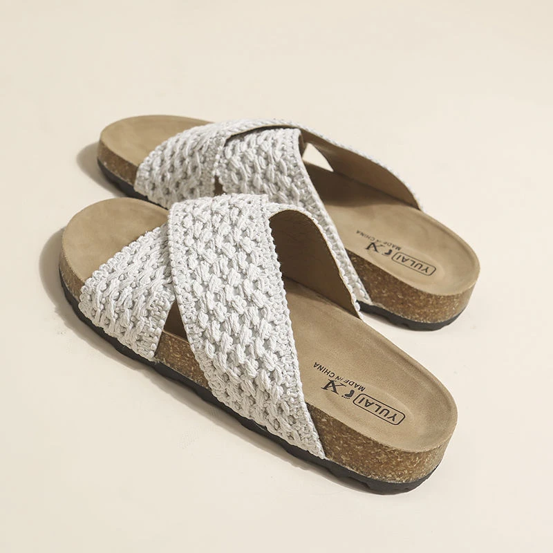 交叉带针织拖鞋女夏季外穿2025新款复古厚底勃肯鞋沙滩度假凉拖鞋