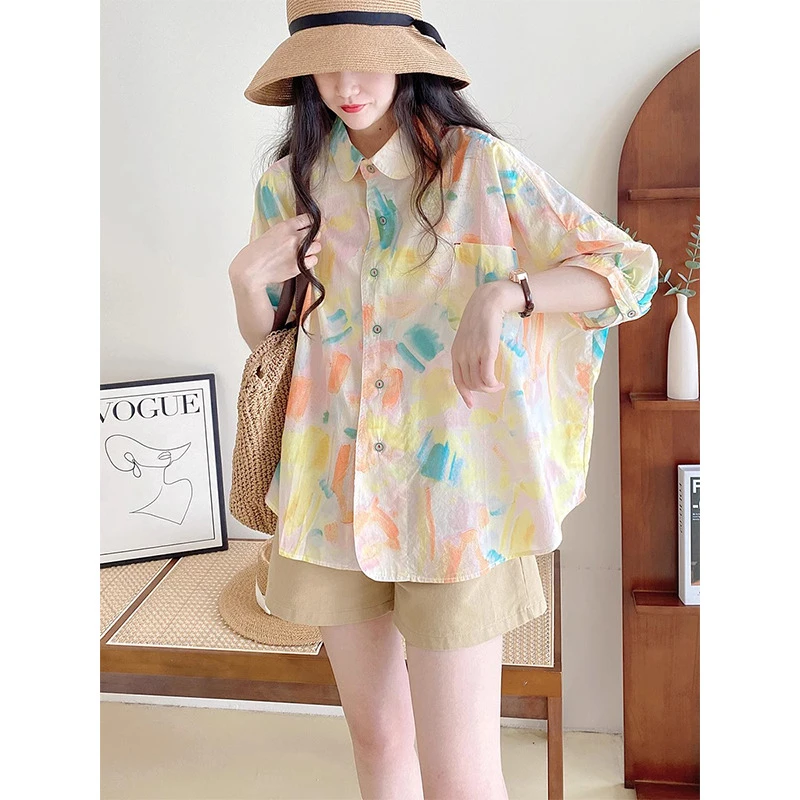 港风宽松原宿风画笔涂鸦bf花短袖衬衫衬衣时尚休闲百搭夏季小众