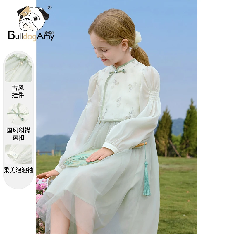 女童国风连衣裙2025春季新款洋气儿童泡泡袖网纱裙大童新中式裙子