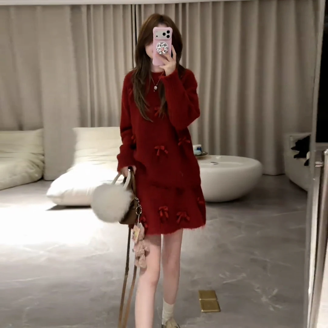 9679圣诞穿搭超好看针织红色连衣裙子女2025新款秋冬气质短裙套装