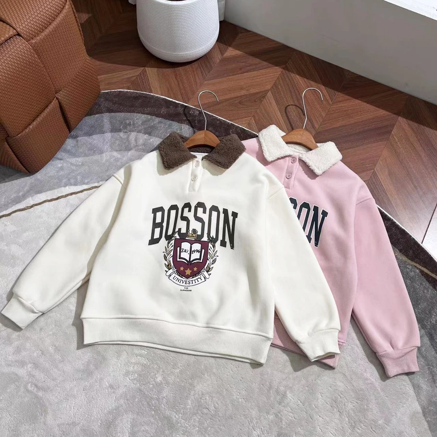 春秋季大女童加绒卫衣女童韩版百搭套头翻领长袖-YHW375