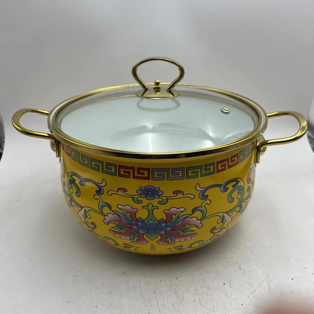 24cm黄勾莲搪瓷珐琅汤锅金边玻璃盖