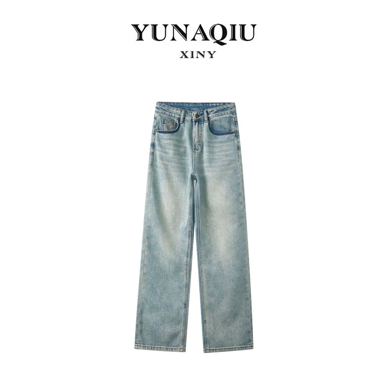 美式复古宽松高腰直筒设计感牛仔裤显瘦百搭Y6021
