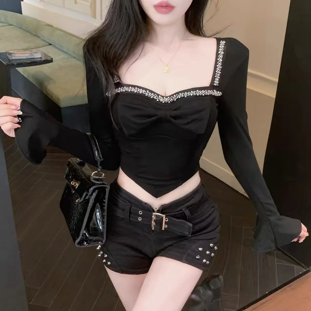 纯欲辣妹性感方领鱼骨上衣女秋冬蝴蝶结长袖t恤喇叭袖打底衫内搭