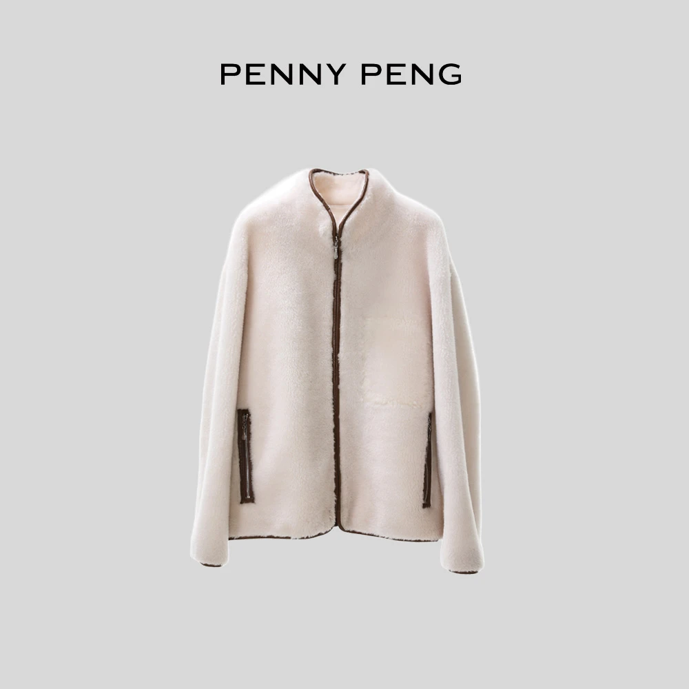 PENNYPENG长岛冰茶【现货】时尚设计师百搭米白色羊毛拉链宽松外套