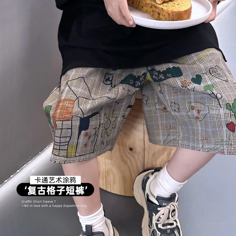 潮牌童装定制男童春款裤子涂鸦格纹短裤夏季宽松休闲裤 4042209O6