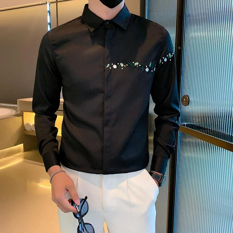 刺绣衬衫男长袖修身韩版潮牌痞帅气冰丝衬衣高级感发型师绣花上衣