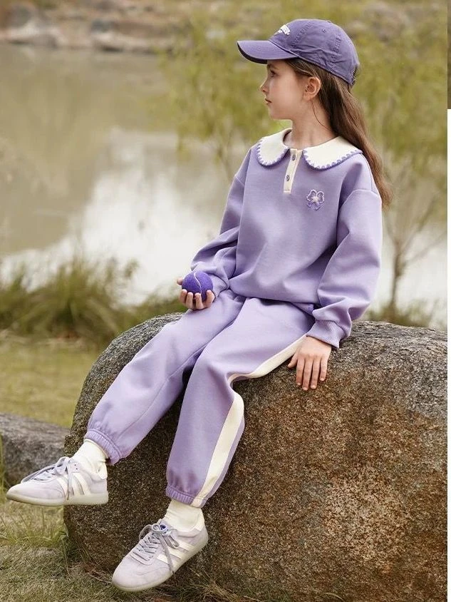 【抗起球】女童学院风套装2025秋新款大童儿童卫衣裤子紫色两件套
