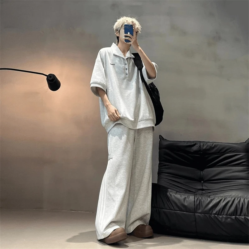 慵懒风休闲运动套装男2026夏季新款潮流大码POLO衫条纹长裤两件套