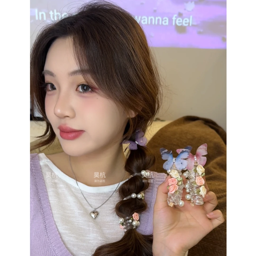 蝴蝶翩翩～新款甜美夏日清凉铆钉珍珠玫瑰电话线发圈出街发饰
