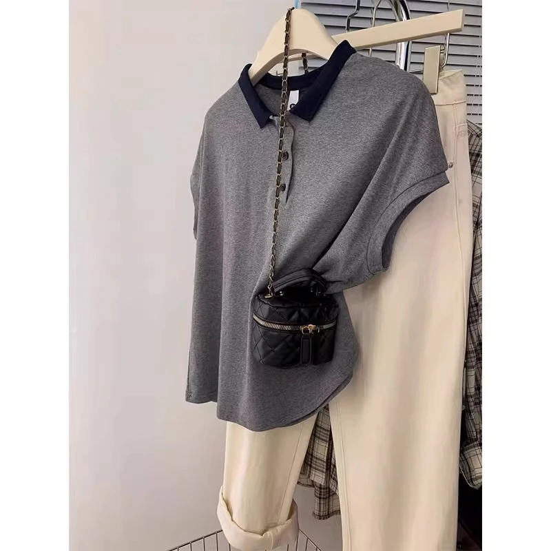 大码240斤小众设计飞飞袖polo领撞色短袖T恤女胖妹妹宽松休闲上衣