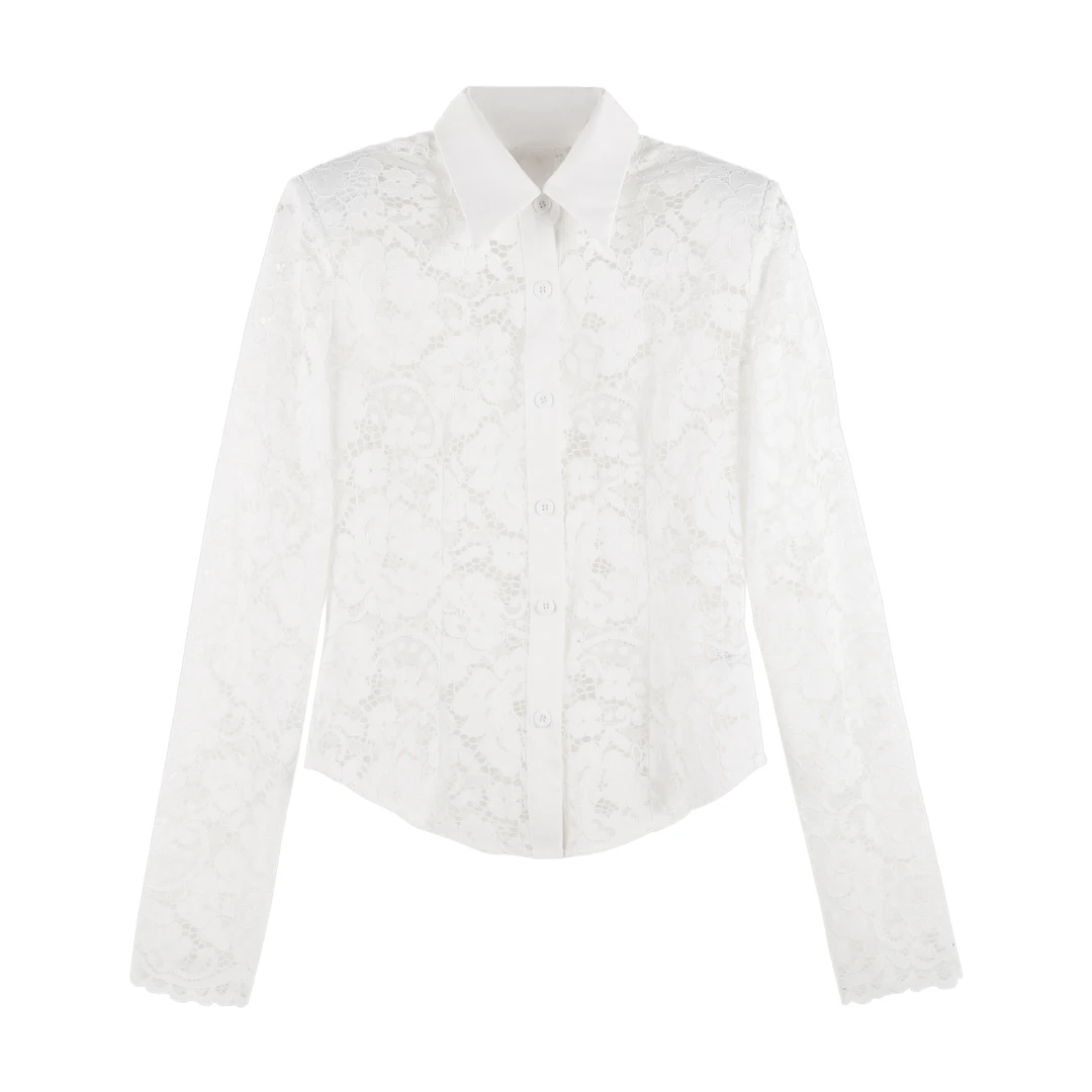 DENGDAHA 千金风POLO领蕾丝花纹多扣上衣HBZXP622344