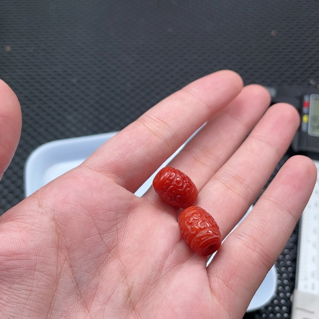 南红玛瑙12*15柿子红回纹桶珠一组2颗未镶嵌