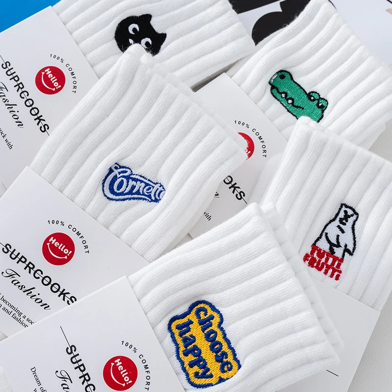 女全棉中筒袜ins潮白色袜子卡通刺绣情侣男款黑色运动长筒袜百搭