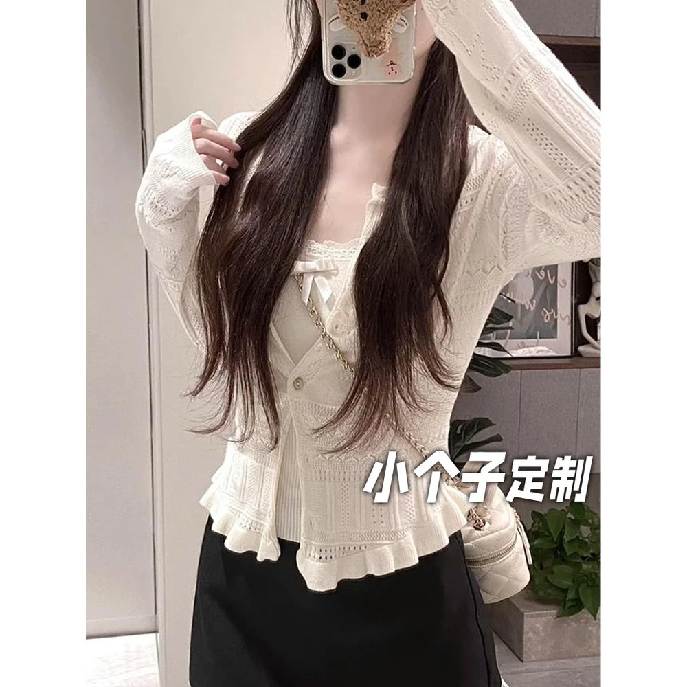 150小矮个子镂空针织开衫女夏防晒衫气质内搭上衣吊带小香风套装