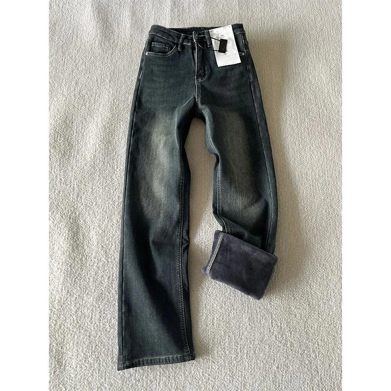 深蓝色弯刀牛仔裤男款春秋款潮牌加厚宽松直筒裤子cleanfit休闲裤