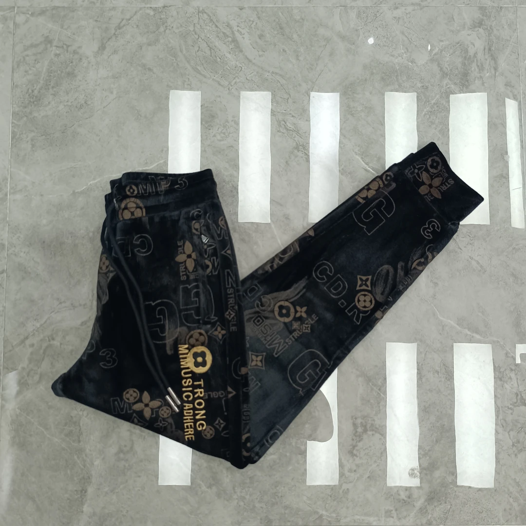 冬季男士休闲字母烫花刺绣加绒加厚保暖百搭松紧束脚长裤