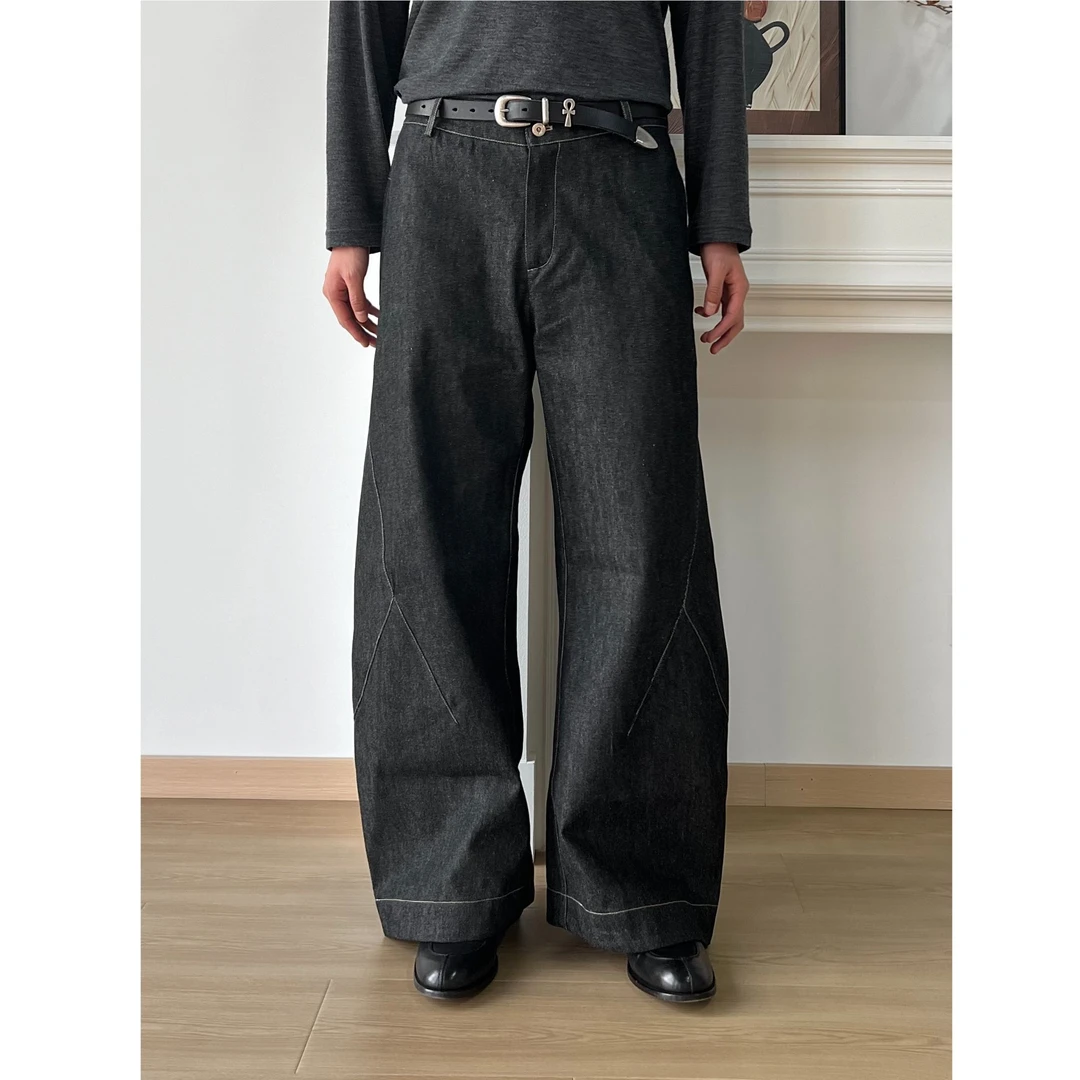 SUKCHOR 「枯枝树纹」明线分割阔腿A字原牛固色全包边原色牛仔裤