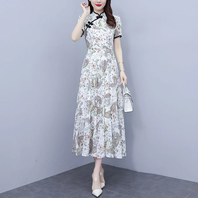 中式改良旗袍长裙女夏年轻款气质盘扣显瘦中年妈妈碎花连衣裙