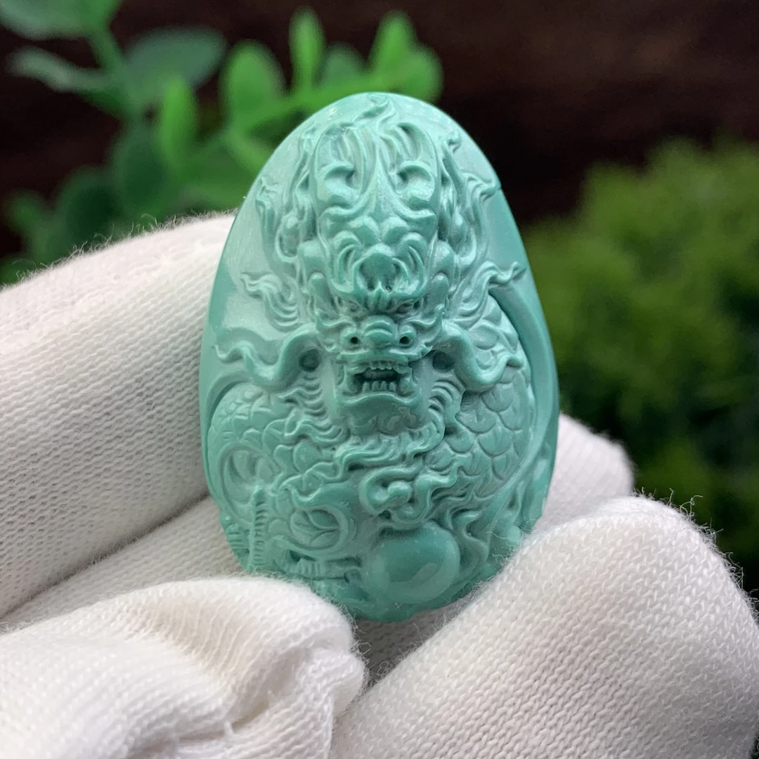 【杨家绿松石】原矿纯天然高瓷玉化绿精美雕刻龙牌佩戴玉化