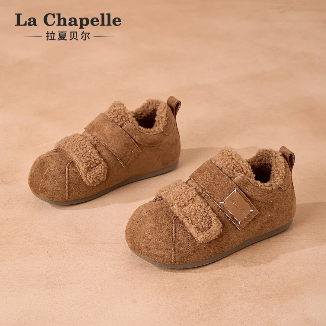 拉夏贝尔加绒棉鞋女款2025冬季新款百搭魔术贴毛毛鞋内增高德训鞋