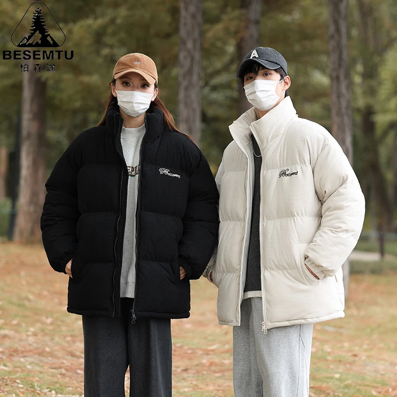 BESEMTU/柏森途棉衣直下摆立领冬季棉服刺绣棉袄收口袖短款加厚