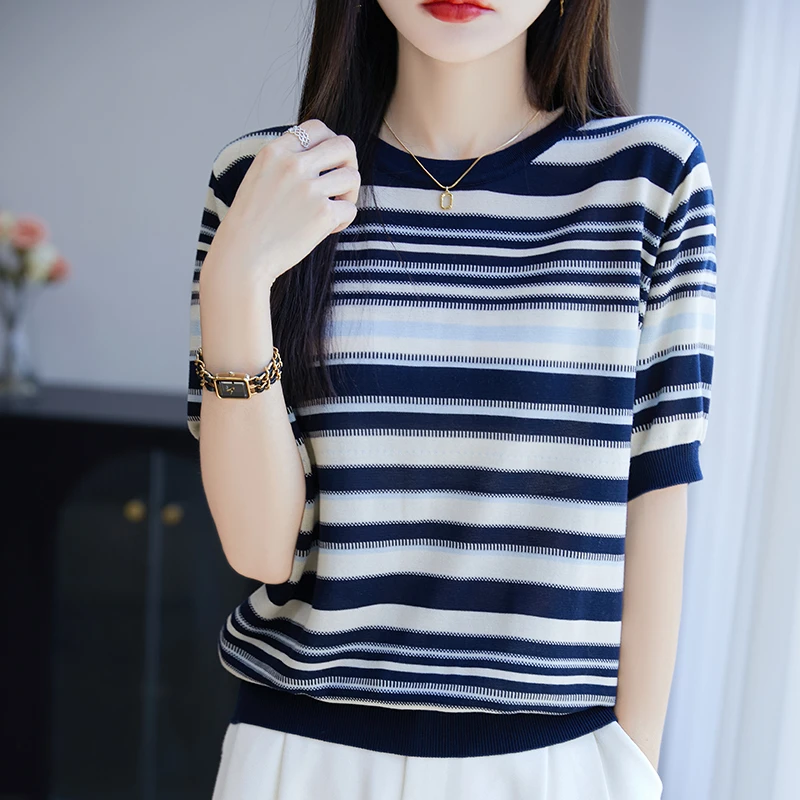 哥弟阿玛施正品2025夏季短袖条纹针织衫T恤宽松显瘦休闲百搭薄款