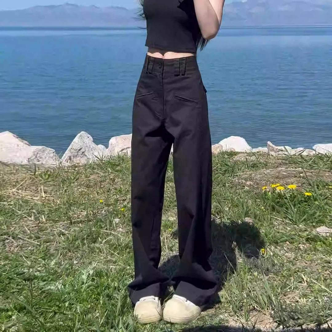 黑色美式酷飒阔腿工装裤女夏薄款2025新款高腰窄版直筒休闲西装裤